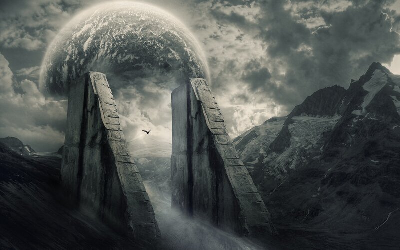 Ancient Stone Pillars — Gray, Dramatic, Digital Art