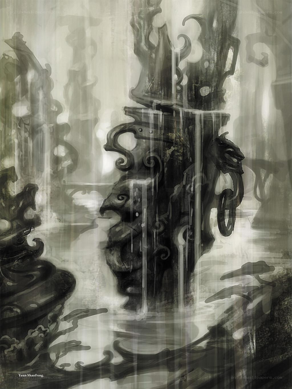 ancient stone pillars in mist