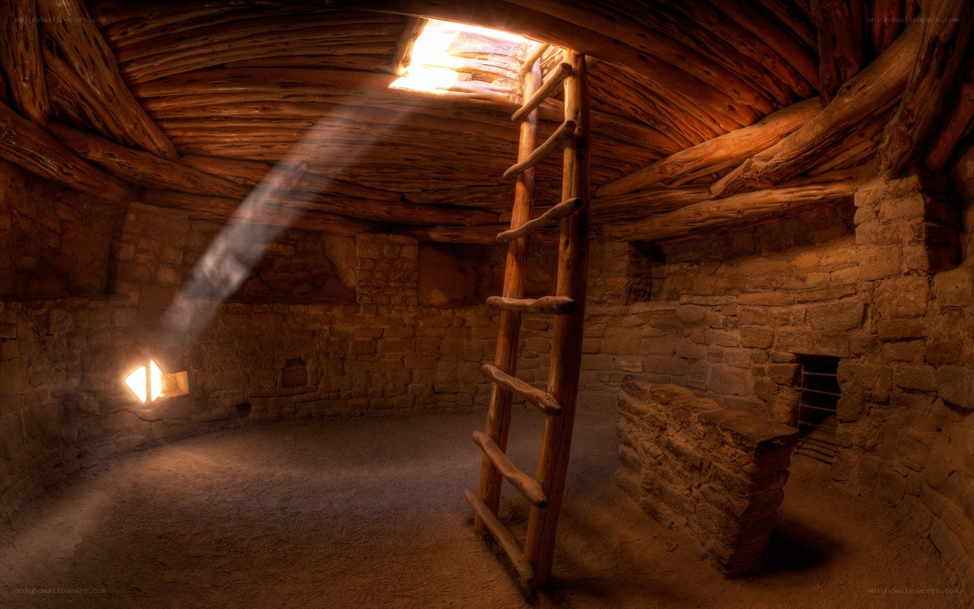 ancient stone room with ladder