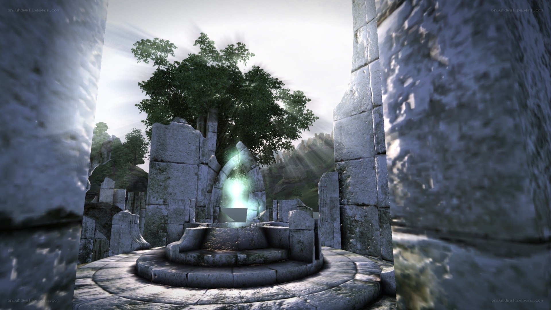 ancient stone ruin with glowing artifact