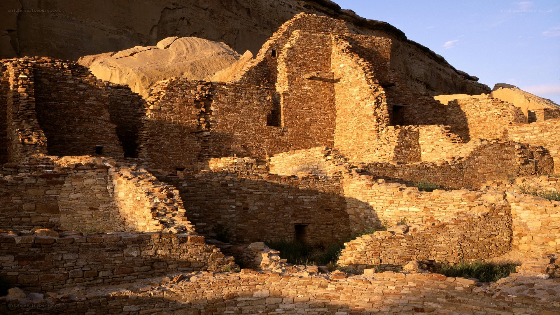 Ancient stone ruins at sunset
