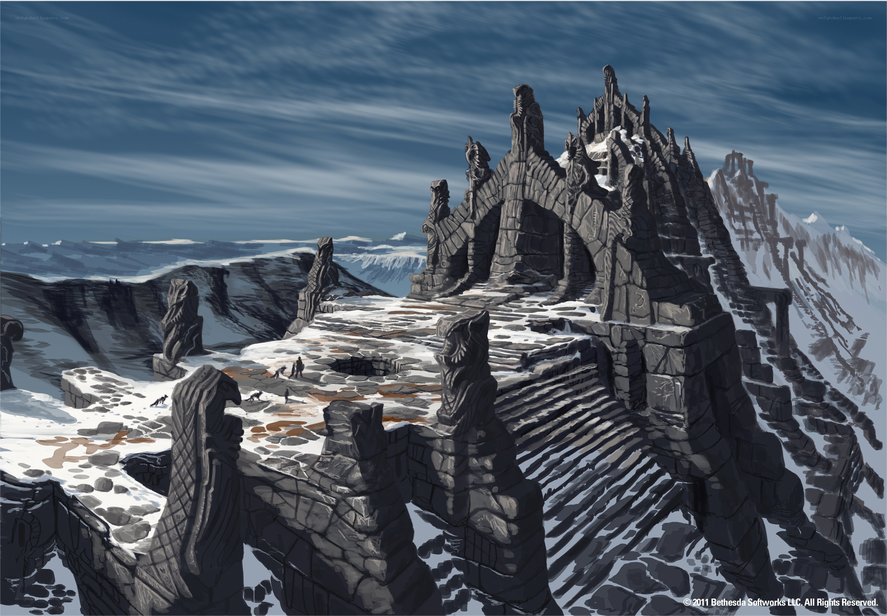 ancient stone ruins in snow
