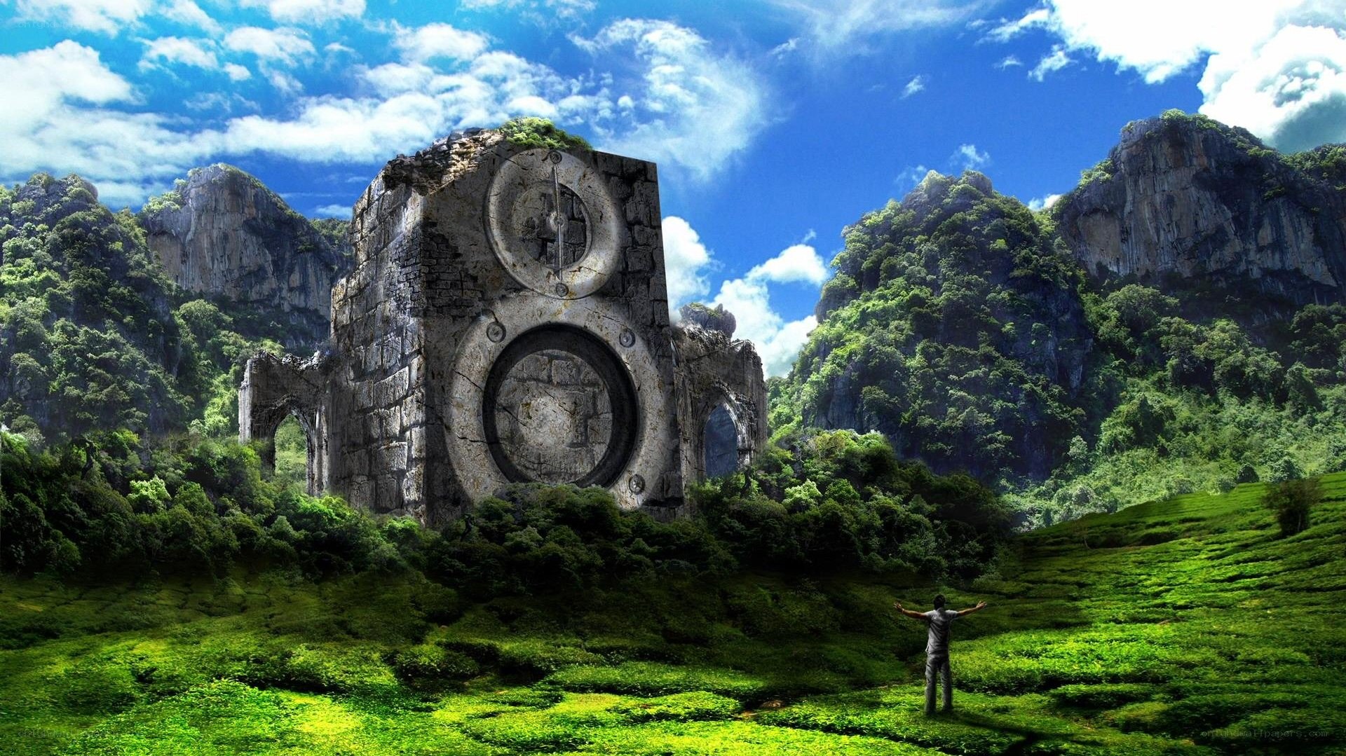 ancient stone structure in green valley