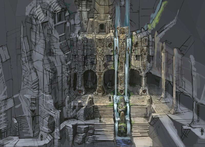 Ancient Stone Temple — Gray, Dramatic, Digital Art