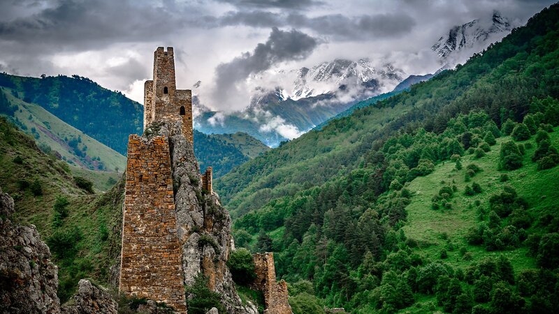 Ancient Stone Tower — Green, Dramatic, Photograph