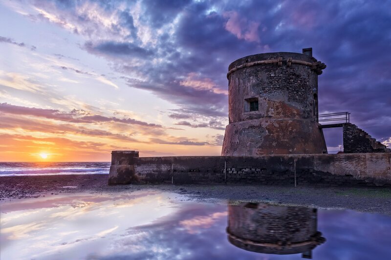 Ancient Stone Tower — Purple, Dramatic, Sunset