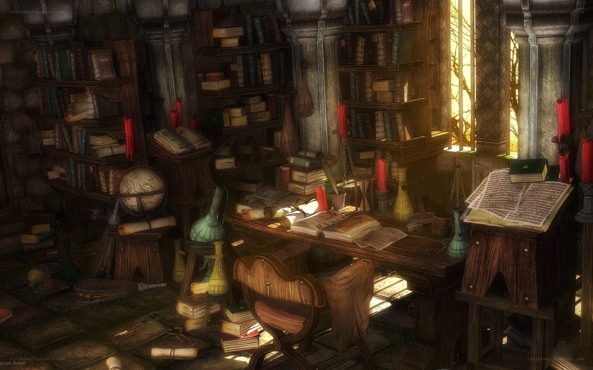 ancient study with books and globe