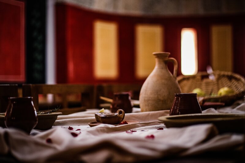 Ancient table setting with pottery