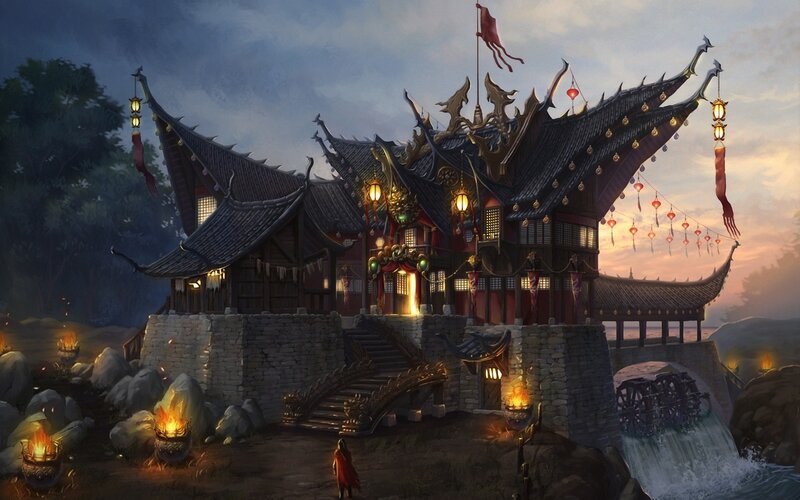 Ancient Temple at Dusk — Dark Blue