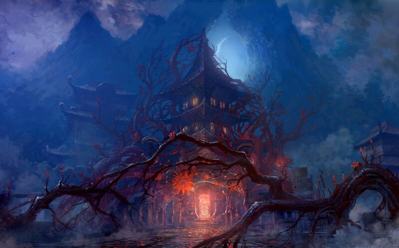 Ancient Temple at Night — Blue, Mysterious