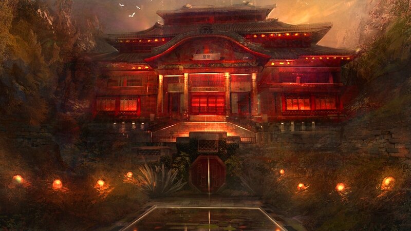 Ancient Temple at Night — Red, Dramatic, Digital Art