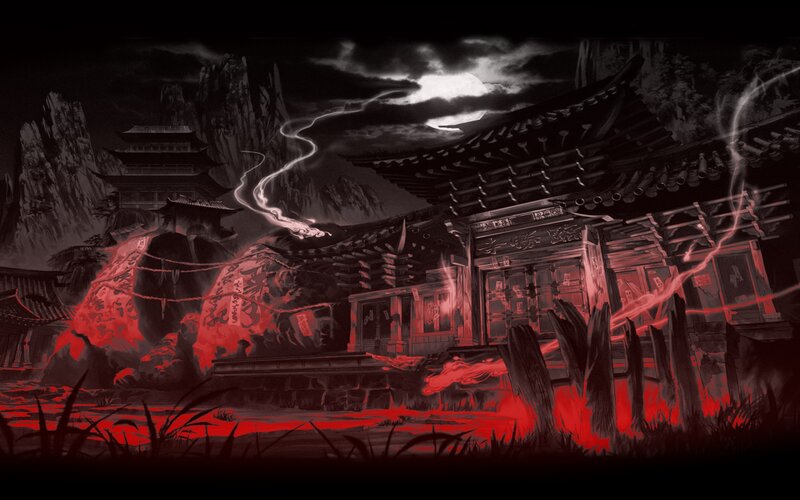Ancient Temple at Night — Red, Dramatic