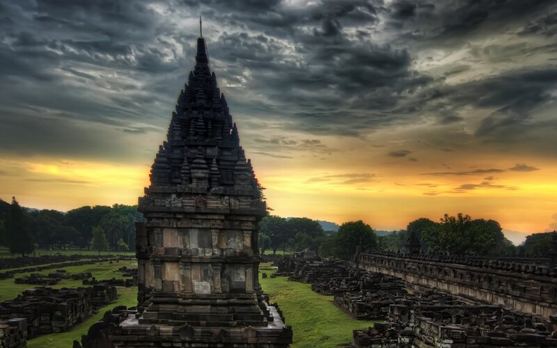 Ancient temple at sunset