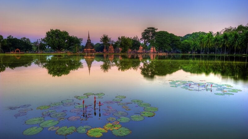 Ancient Temple by Lake — Blue, Serene