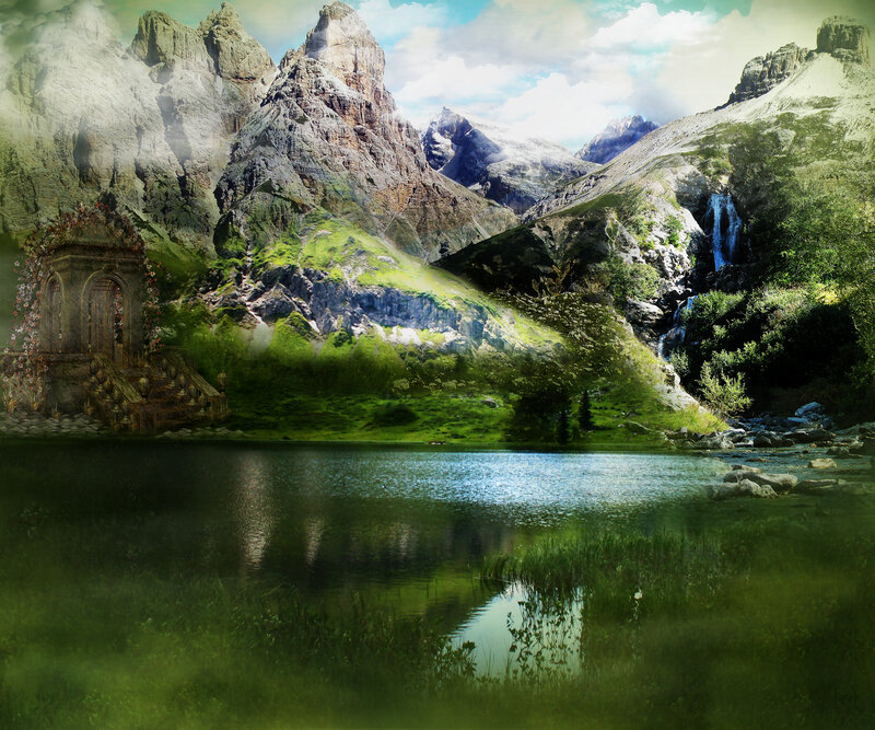 Ancient Temple by Lake — Green