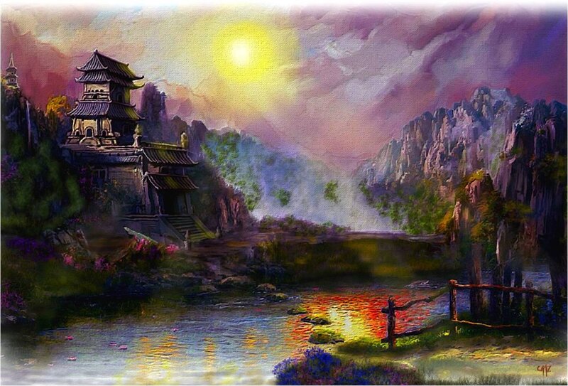 Ancient Temple by River — Purple