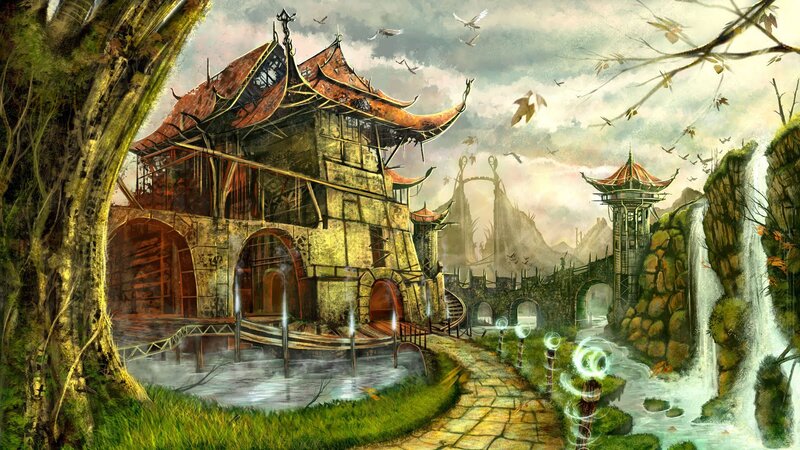 Ancient temple by the waterfall