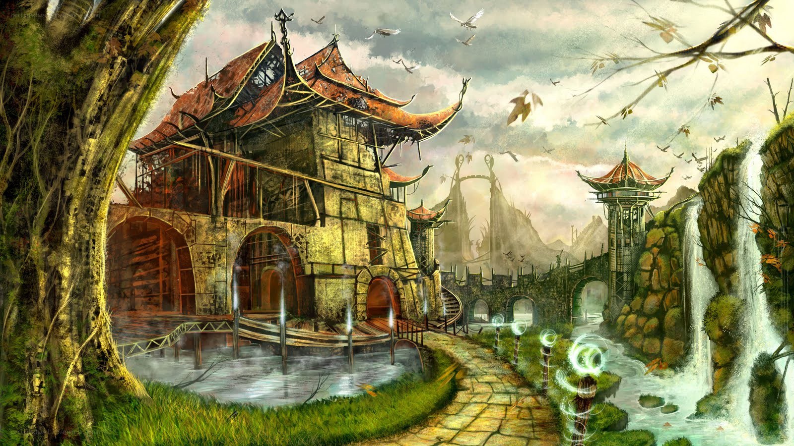 Ancient temple by the waterfall
