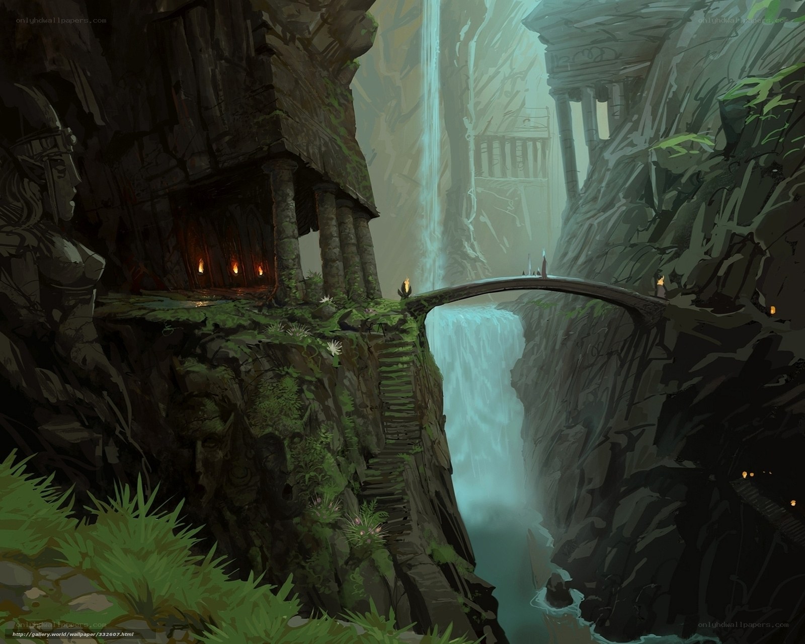 ancient temple by waterfall