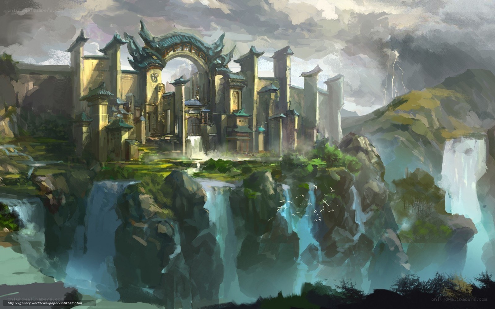 ancient temple by waterfall