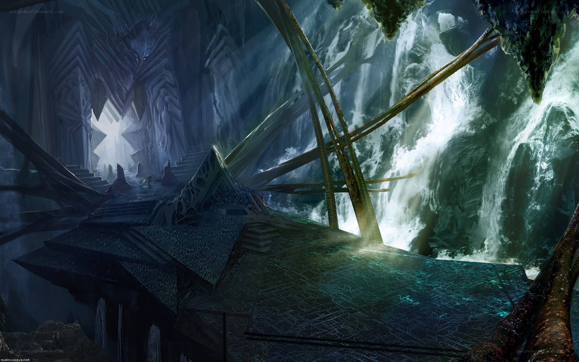 ancient temple by waterfall