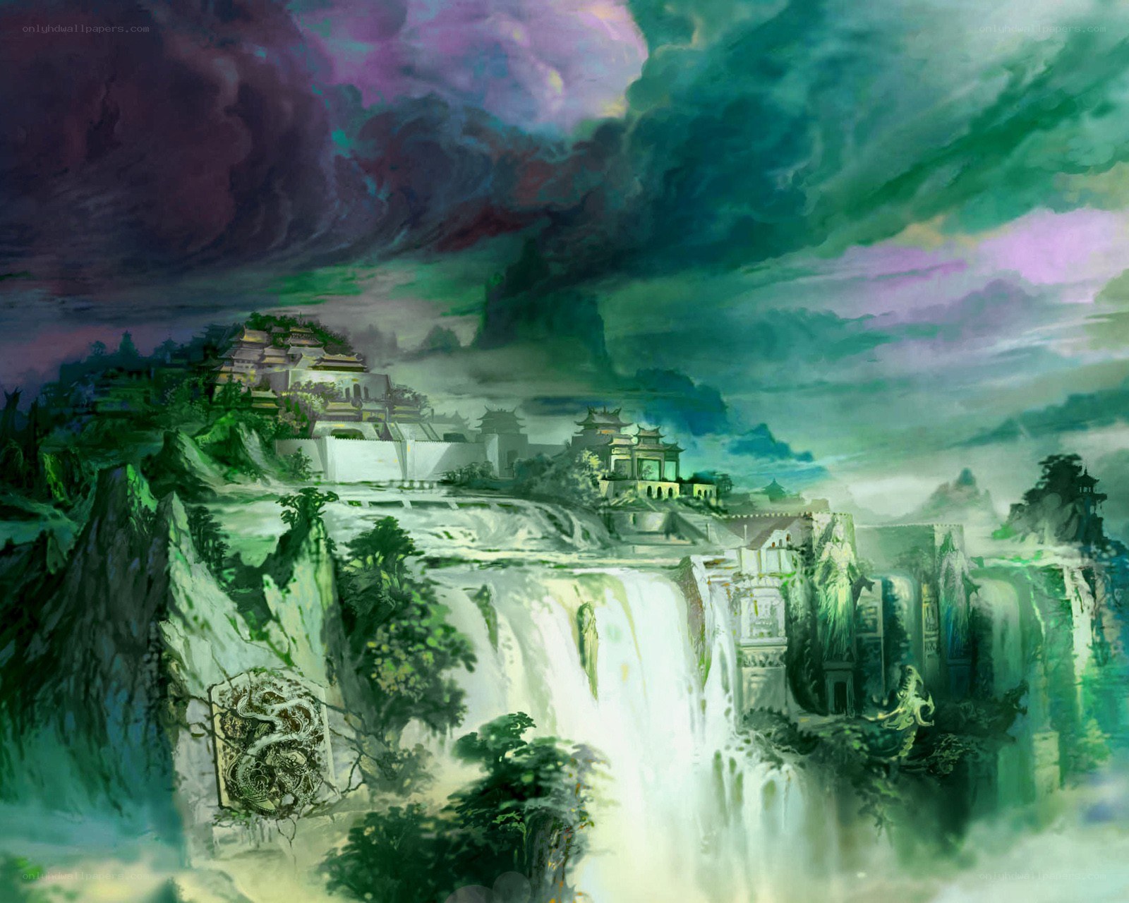Ancient temple by waterfall