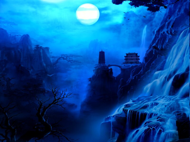 Ancient Temple by Waterfall — Blue, Serene