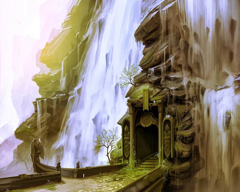 Ancient Temple by Waterfall — Green