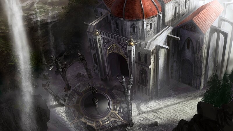ancient temple by waterfall