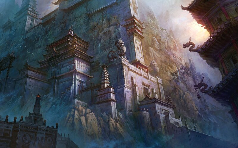 Ancient Temple Complex — Blue, Dramatic, Sunset, Digital Art, Mountain, Statue