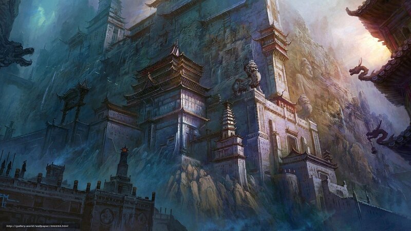 Ancient Temple Complex — Blue, Dramatic, Sunset, Digital Art