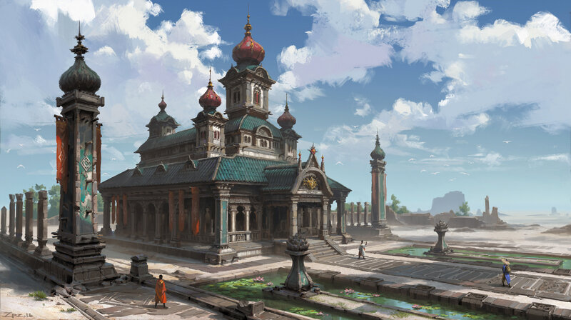 Ancient Temple Complex — Blue, Serene, Afternoon, Digital Art
