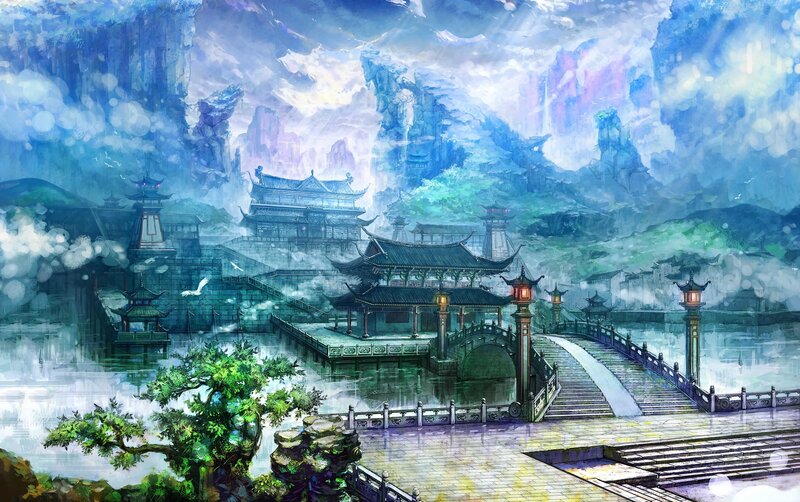 Ancient Temple Complex — Blue, Serene, Digital Art, Bridge, Mountains
