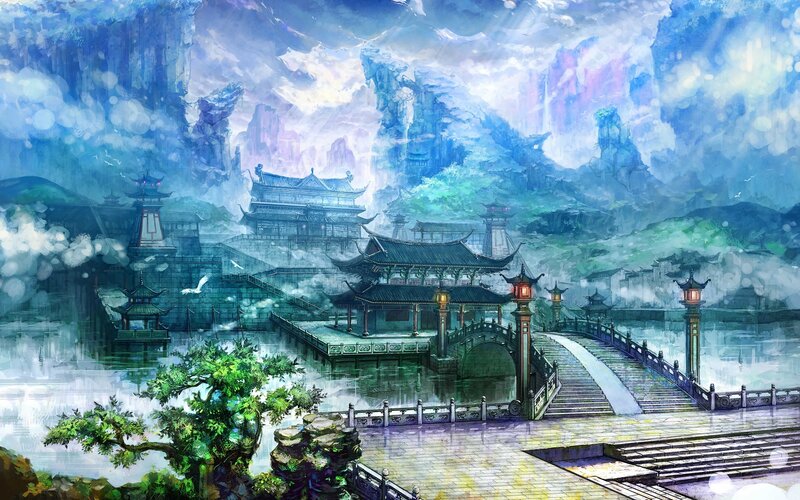 Ancient Temple Complex — Blue, Serene, Digital Art
