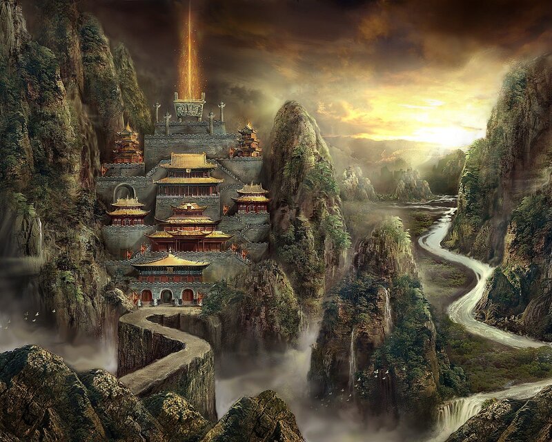 Ancient Temple Complex — Gold, Dramatic, Sunset