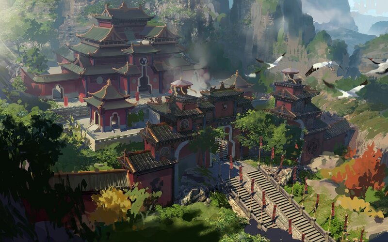 Ancient Temple Complex — Green, Serene, Afternoon, Digital Art