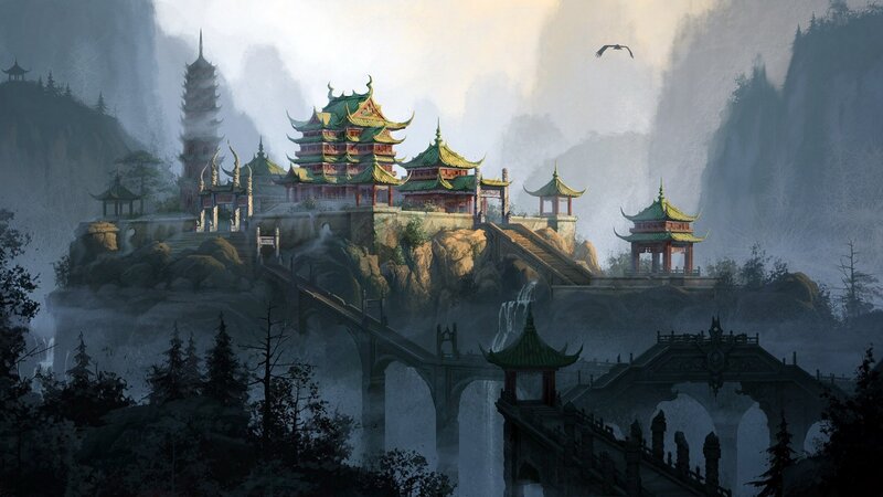 Ancient Temple Complex — Green, Serene, Morning, Digital Art