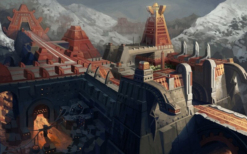 Ancient Temple Complex — Red, Dramatic, Digital Art