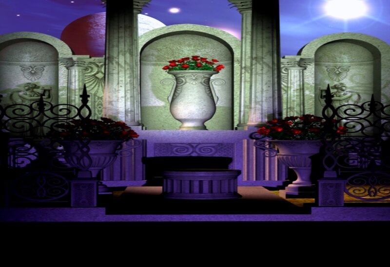 ancient temple garden at night