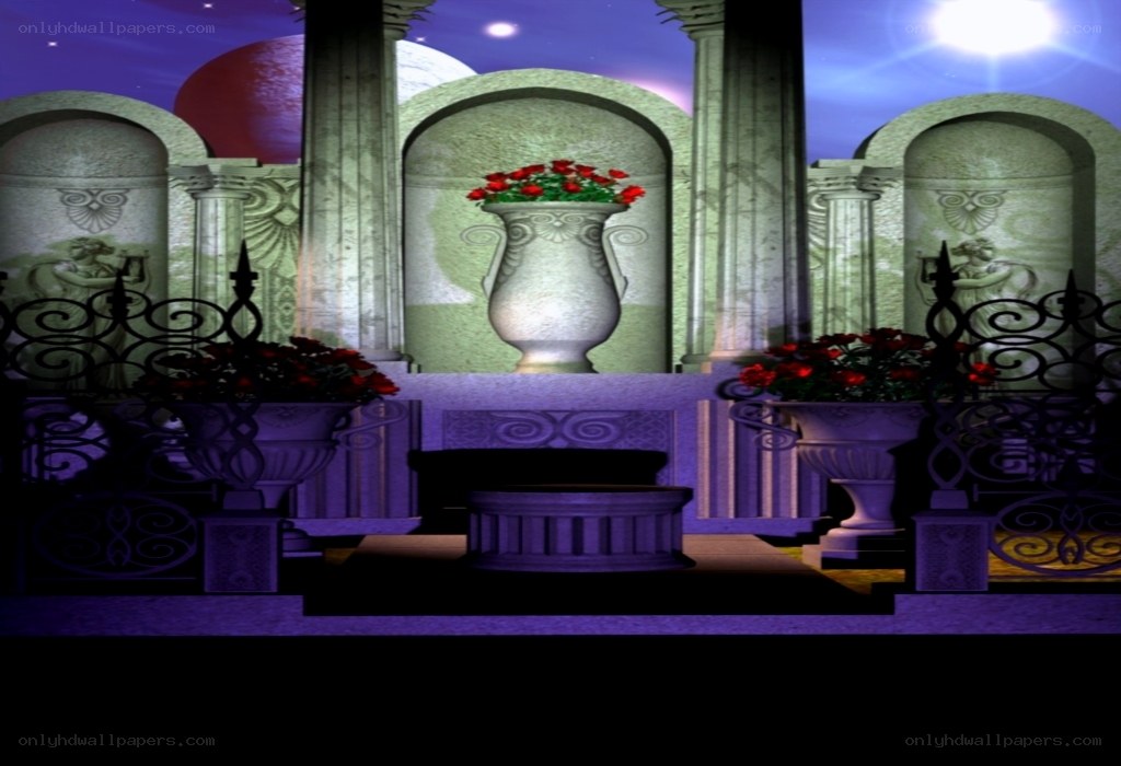 ancient temple garden at night