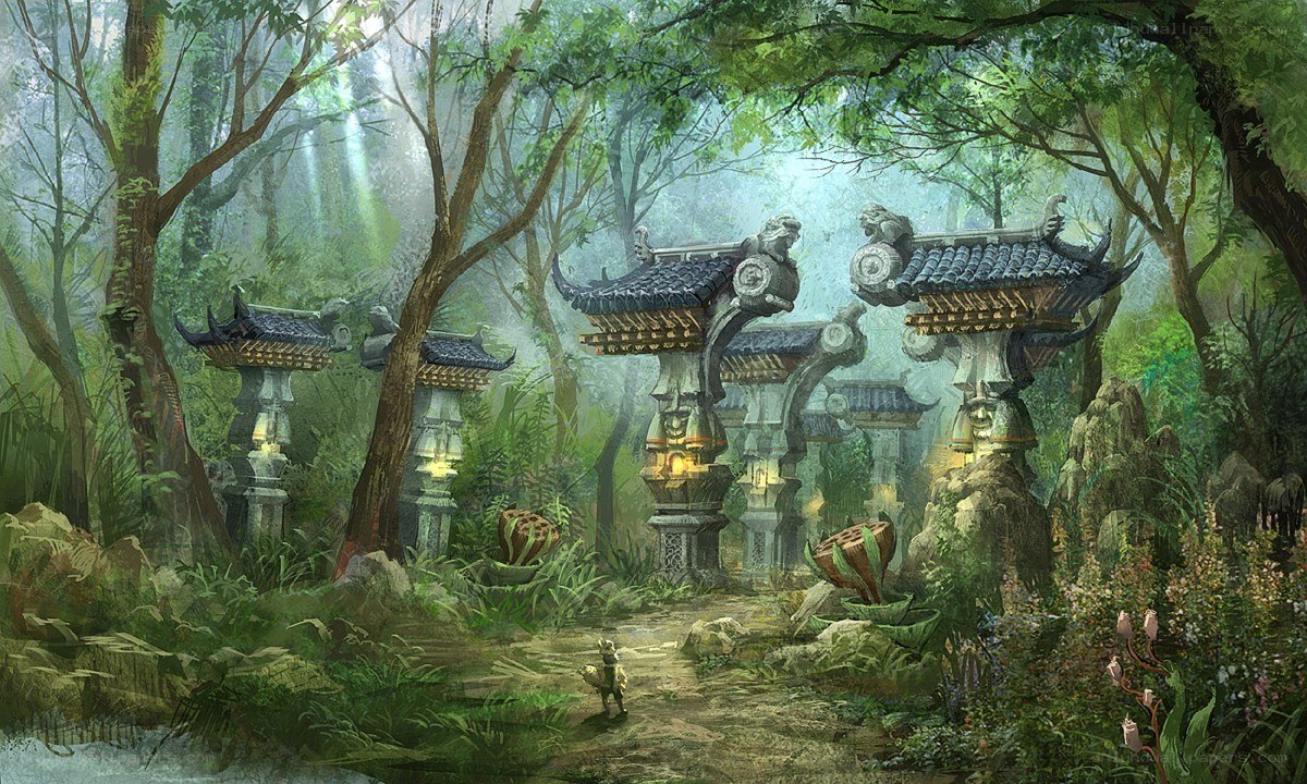 ancient temple in a misty forest