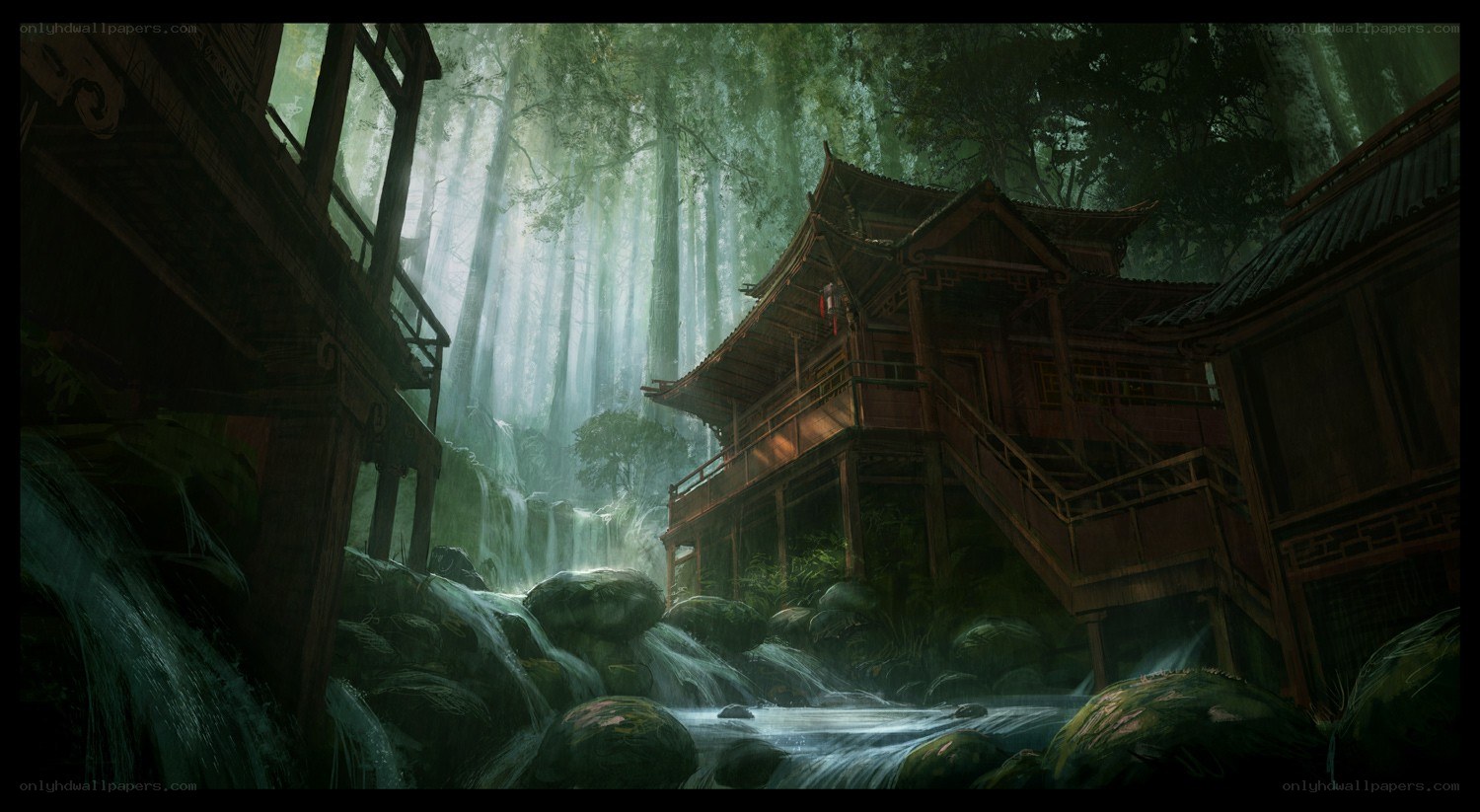 Ancient temple in a misty forest