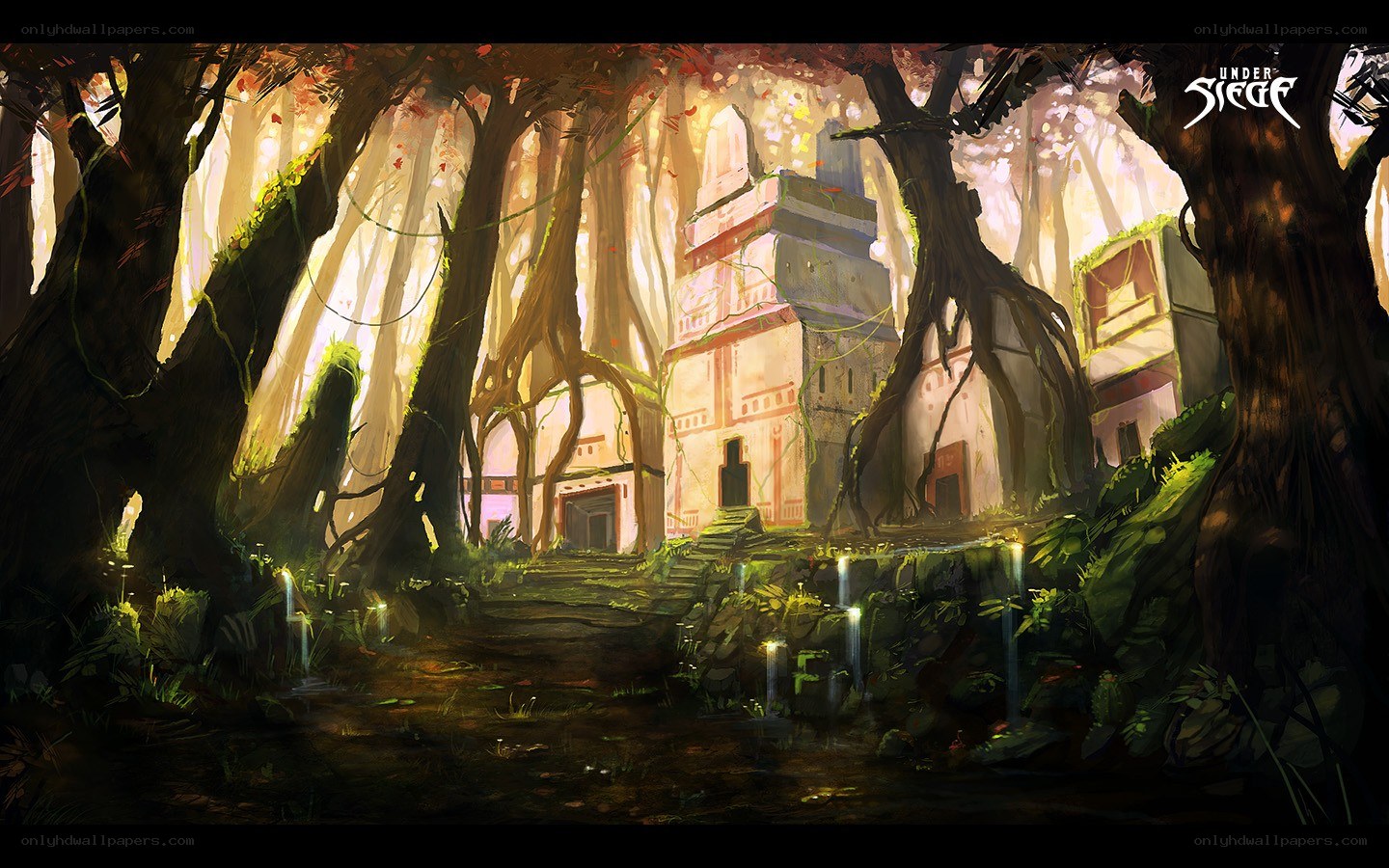 ancient temple in a sunlit forest
