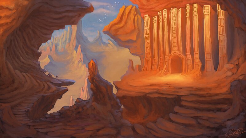 Ancient Temple in Canyon — Orange, Dramatic, Sunset