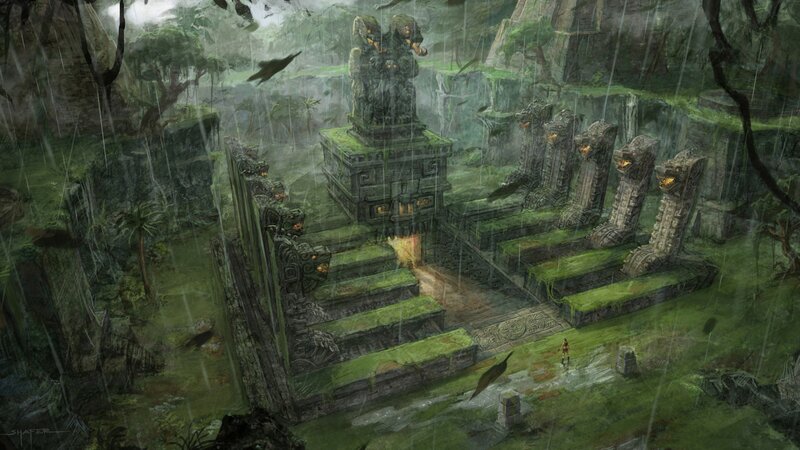 Ancient Temple in Jungle — Green, Dramatic, Digital Art, Rain