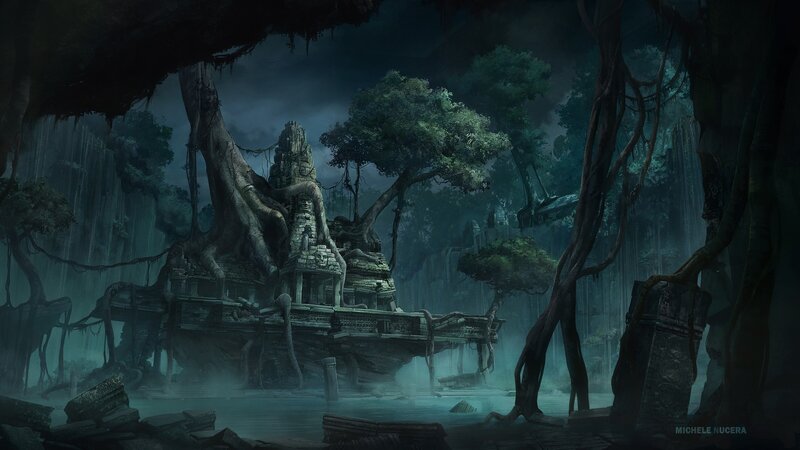 Ancient Temple in Jungle — Green, Mysterious, Night, Digital Art, Ruins