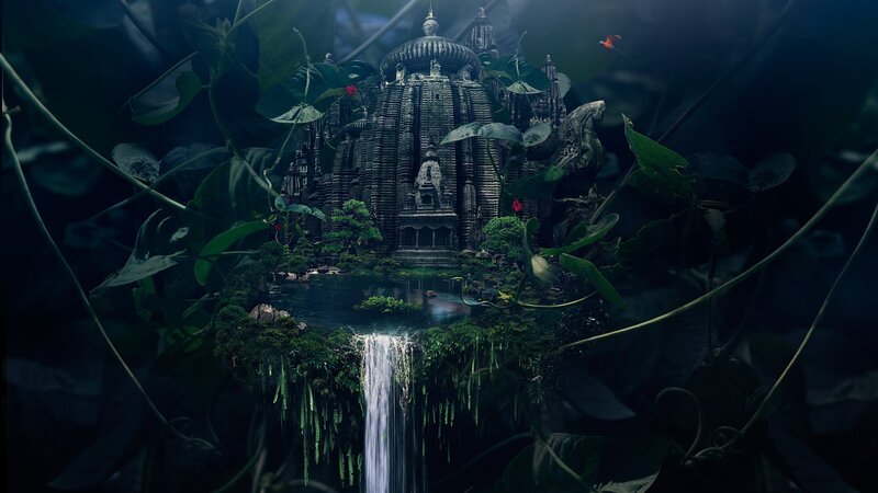 Ancient Temple in Jungle — Green, Mysterious, Night, Digital Art, Waterfall, Bird, Black, Gray