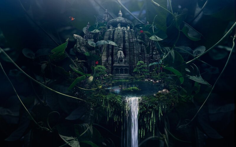 Ancient Temple in Jungle — Green, Mysterious, Night, Digital Art, Waterfall, Plants