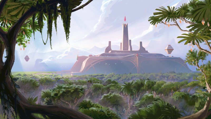 Ancient Temple in Jungle — Green, Serene, Morning, Digital Art, Mountains
