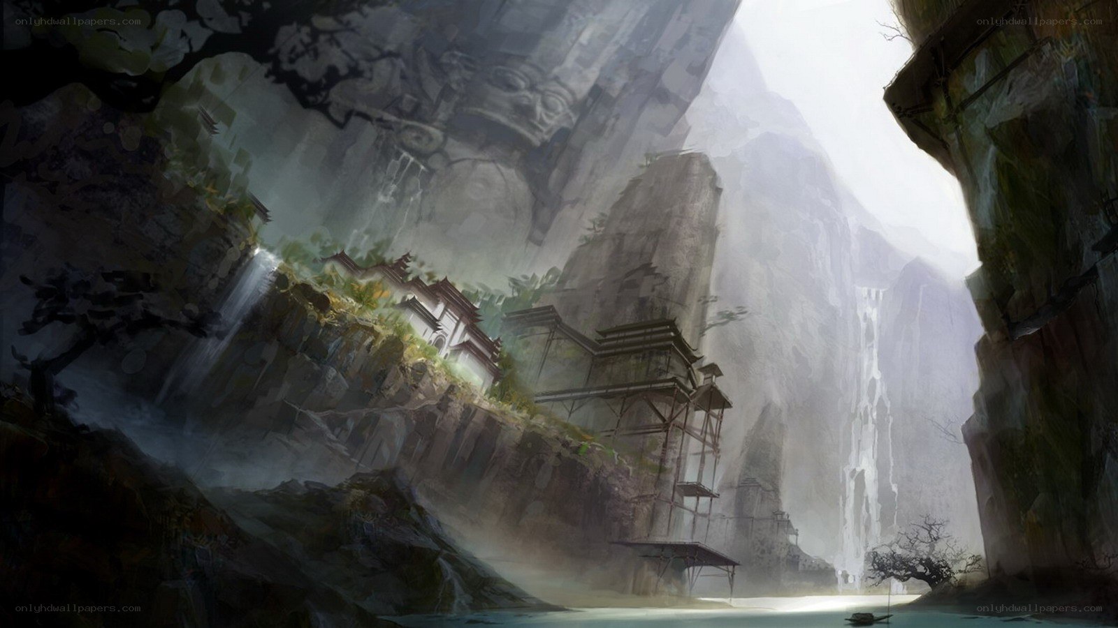 ancient temple in misty canyon